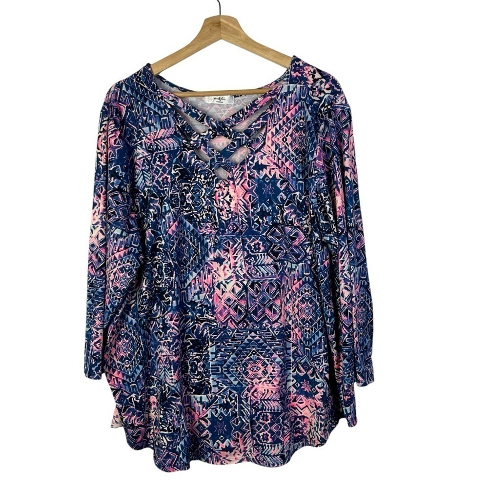 Moa Moa Blue & Neon Pink Printed Long Sleeve Top 3X